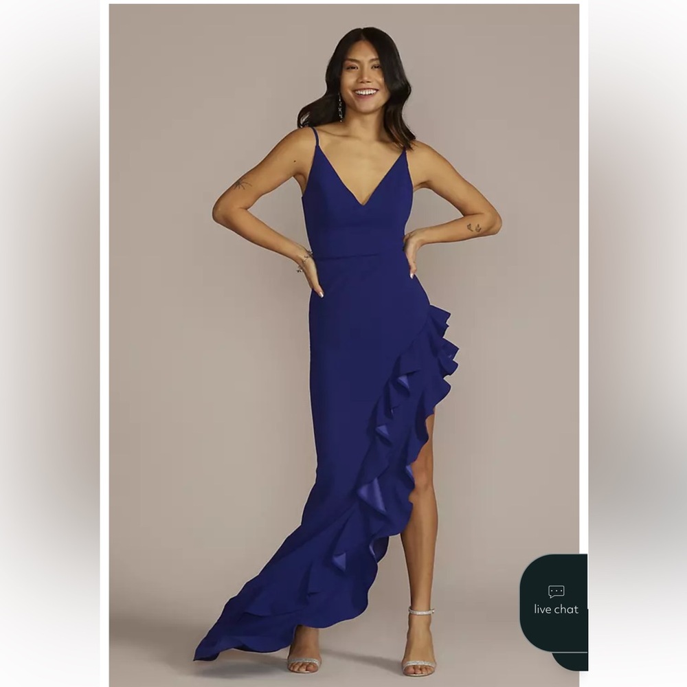 David's Bridal Asymmetrical Ruffled Slit Crepe Dress NWT